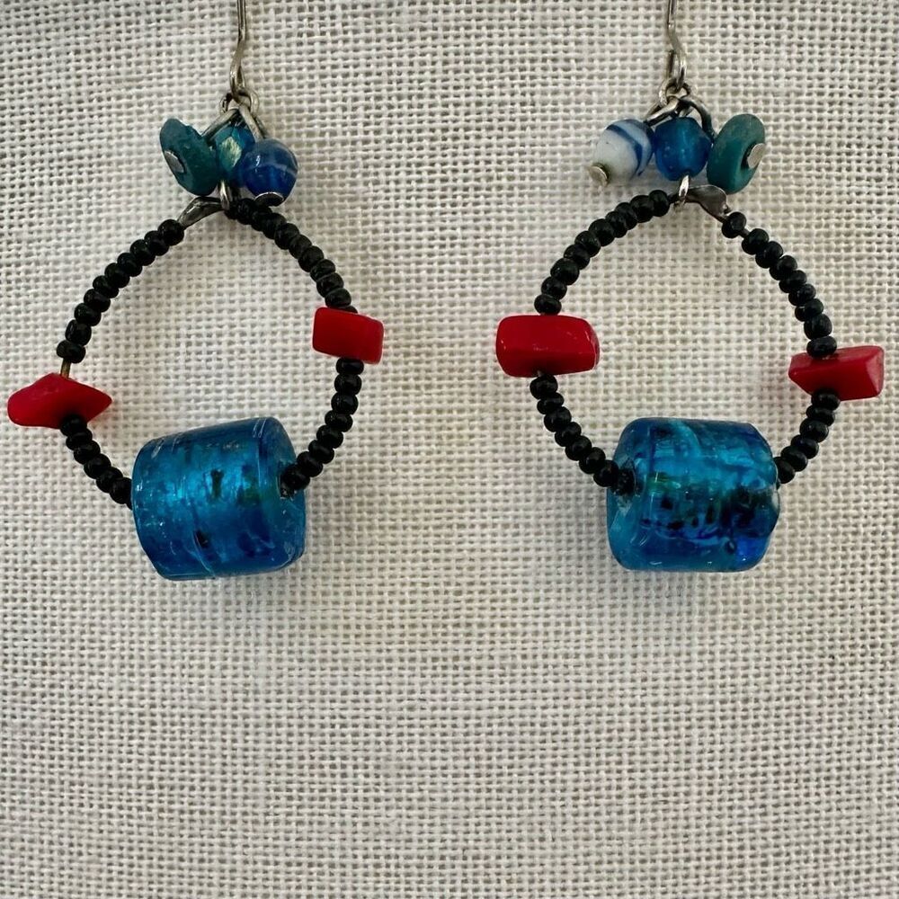 Handmade Boho Earrings w/ Murano-Style Glass And Real Coral